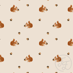 Squirrel and acorn cotton jersey knit fabric Family Fabric