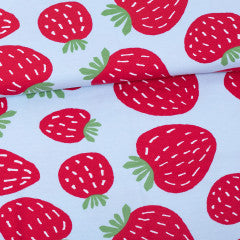 Strawberries Light Blue organic cotton jersey knit fabric