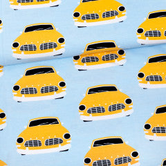 Vintage Yellow Cars Light Blue -Sun organic cotton jersey knit fabric