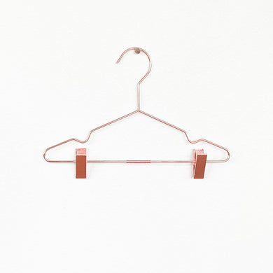 2 rose gold/copper child’s hangers with clips see you at six
