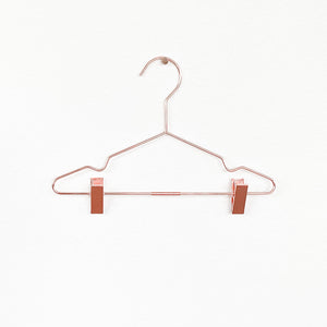 2 rose gold/copper child’s hangers with clips see you at six