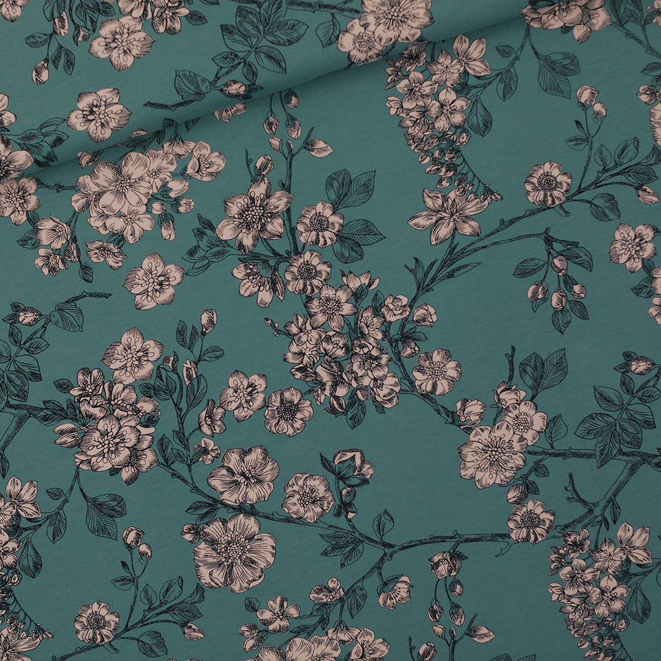 Cherry Blossom North Atlantic Blue French Terry sweatshirt knit fabric see  you at six WI22