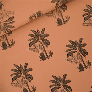 Palm trees in pecan brown french terry sweatshirt knit fabric