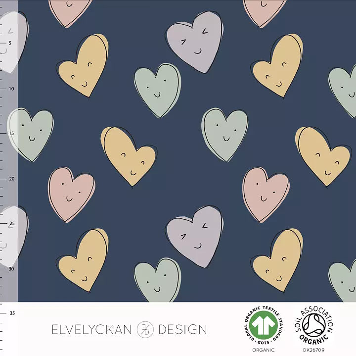 Smiley Hearts Organic Spandex Cotton french terry sweatshirt knit fabric elvelyckan design Dark Blue